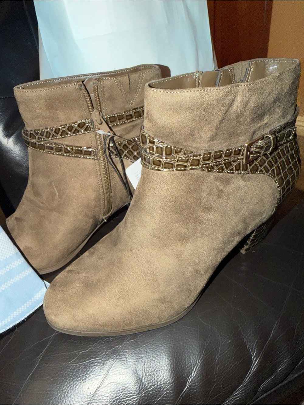 East 5th Taupe Suede Ankle Boots with Croc-Trim Strap